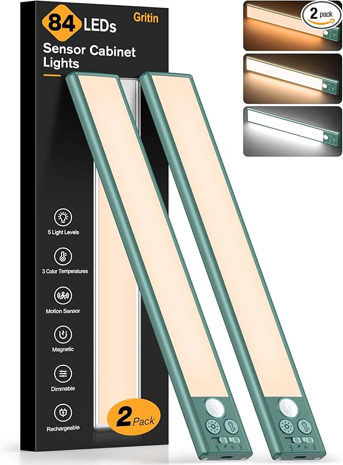 Gritin 10.2inch Under Cabinet Lighting Rechargeable 2 Pack- 3 Color Temps&5 by Gritin