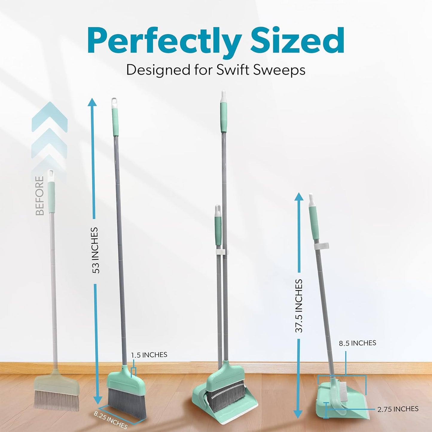 BLACK+DECKER Butler Broom & Dustpan Set - Short Handle, Stand-Up Design - Lightweight, Space-Saving Combo for Kitchen, Living Room, Bathroom, Lobby Floors - Home Cleaning Essential, Teal/Grey