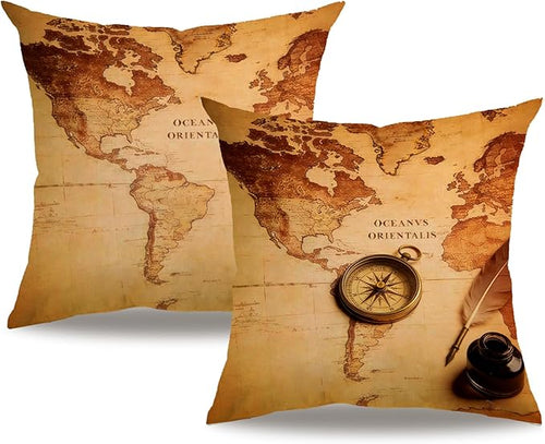 7COLORROOM Set of 2 Vintage World Map Pillow Covers Navigation Compass Square by 7COLORROOM