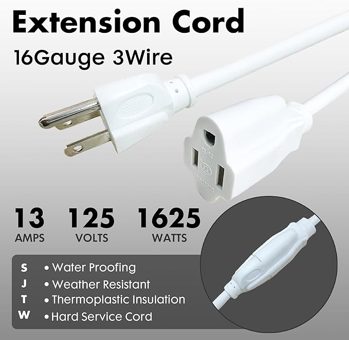 6ft White Outdoor Extension Cord Waterproof, UL Listed, 16/3 SJTW Heavy Duty 3 - Image 2