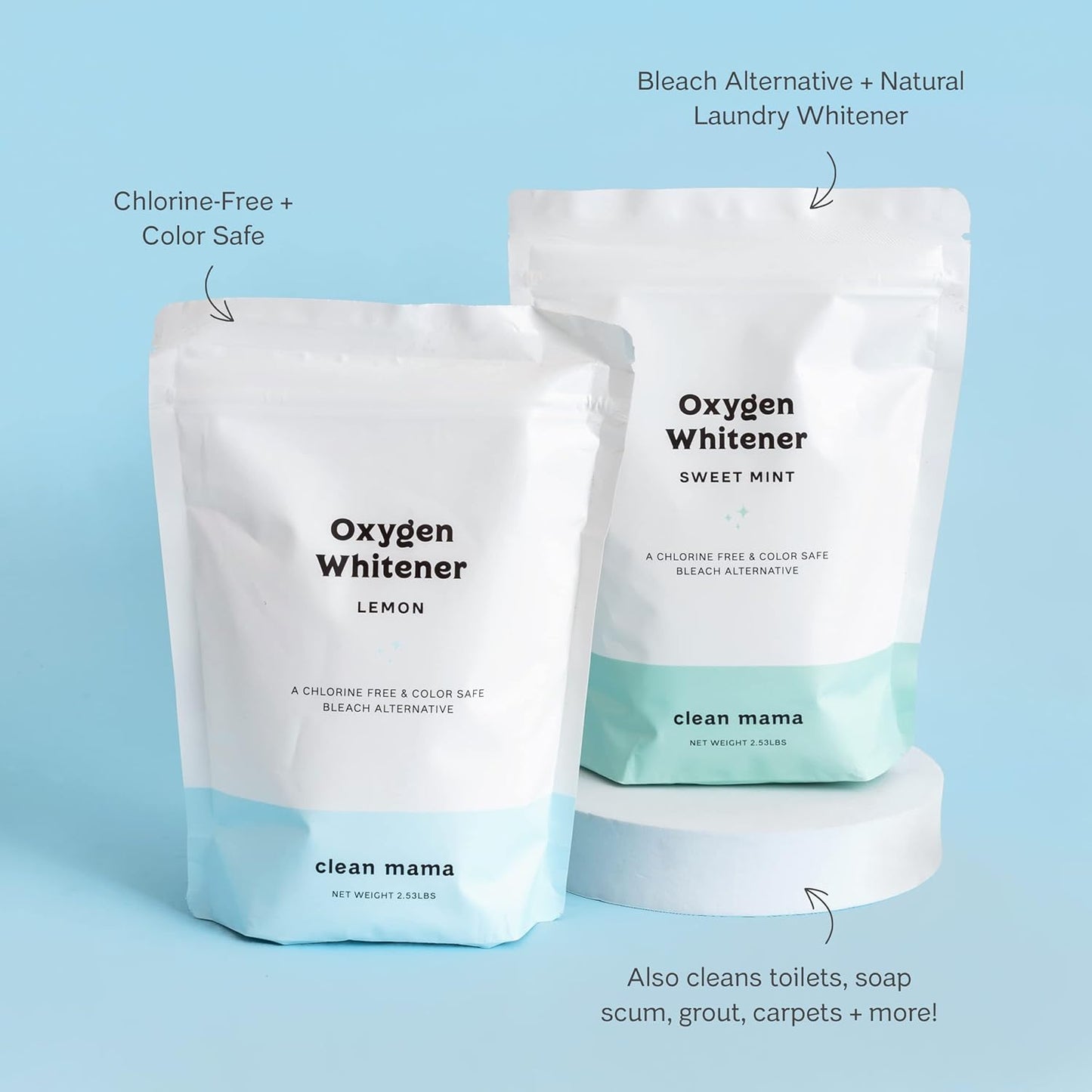 Clean Mama Natural Oxygen Whitener and Stain Remover - Color-Safe Natural Bleach Alternative - Plant-Derived Oxygen Powder, Whitens & Brightens Whites and Colors - Sweet Mint, 2.53 lbs