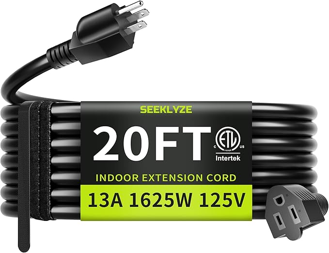 16/3 Black 20 FT Extension Cord, Indoor Extension Cord by Seeklyze