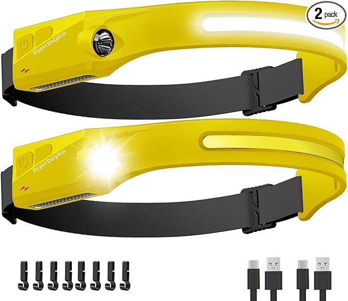 Headlamp Rechargeable LED 230° Wide Beam, USB-C Lightweight Head Lamp, Long by HyperDolphin