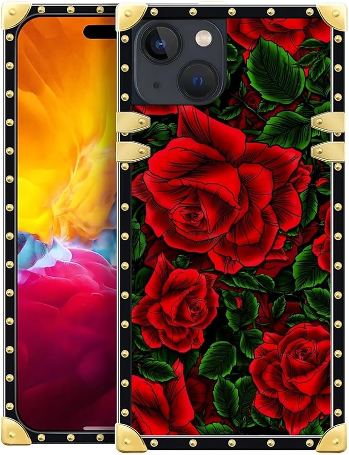 Compatible with iPhone 15 Case, Vector Red Rose Green Leaf Luxury Golden by Unknown