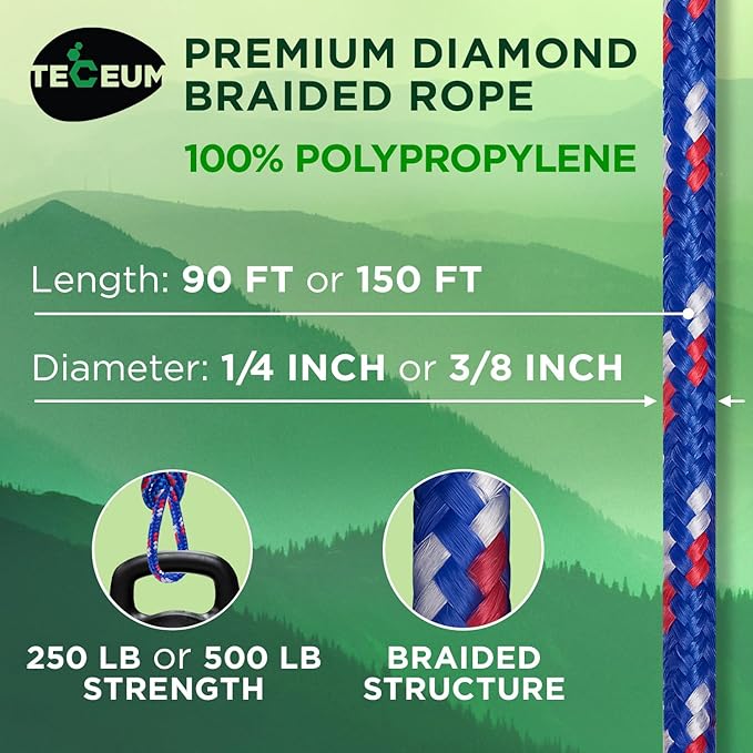 TECEUM Rope – 150 Feet x 1/4 Inch – Patriot Mix – Strong All-Purpose Utility - Image 2