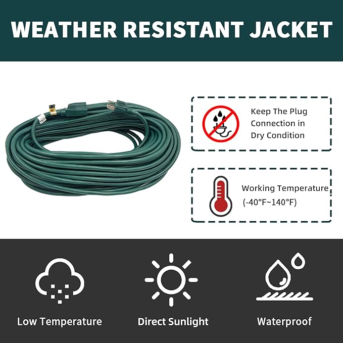 50FT Outdoor Extension Cord-16/3 SJTW Durable Green Extension Cable - Image 7