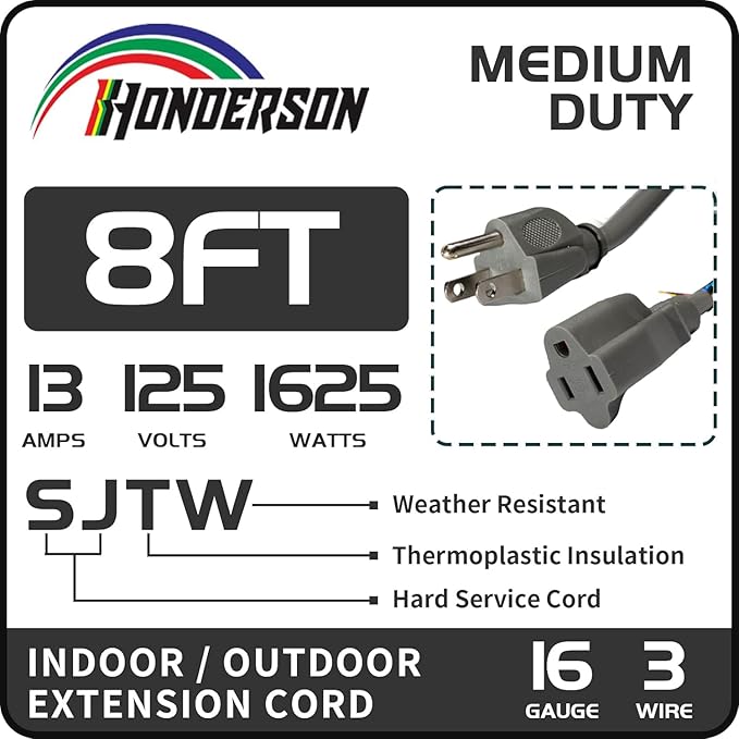 Indoor Outdoor Extension Cord Weatherproof, UL Certified, 16 Gauge 8FT Grey 3 - Image 2