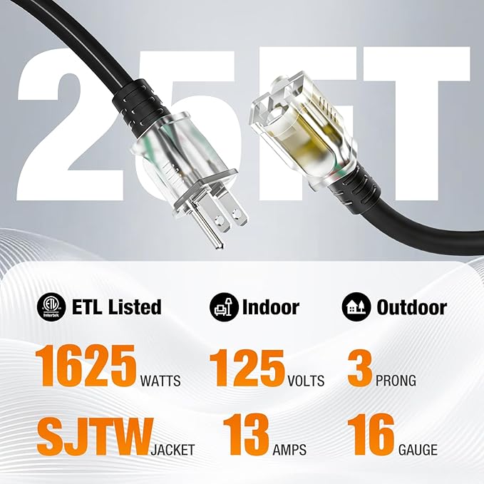 25 FT Outdoor Extension Cord Waterproof, 16/3 Gauge Heavy Duty 3 Prong Power - Image 2