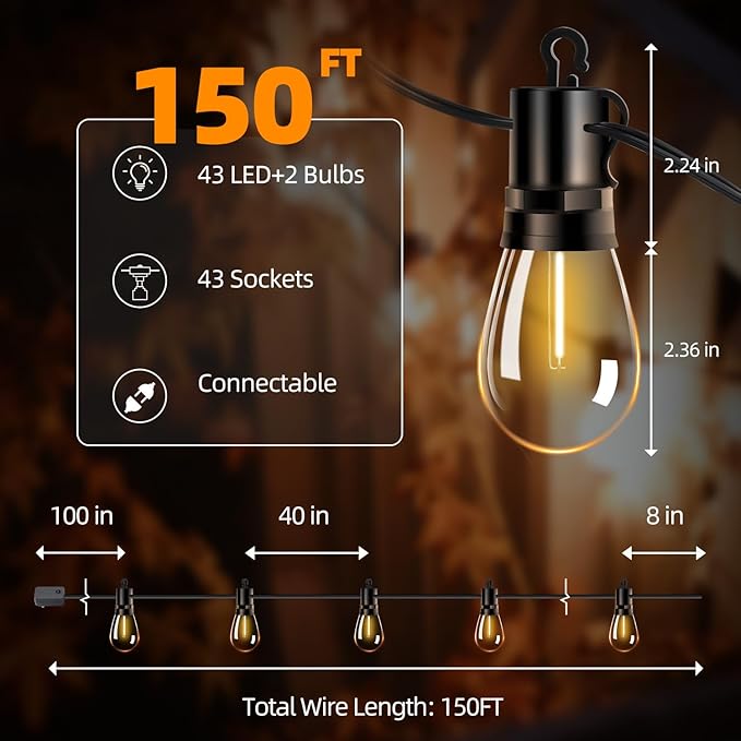 Outdoor Patio String Lights 150ft: S14 LED Shatterproof Bulbs 3 Modes Button - Image 10