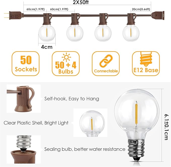 Mlambert 100Ft Outdoor String Lights, G40 Globe Patio Lights - Image 2