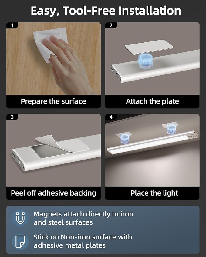 17" Under Cabinet Lights, Motion Sensor Light, Wireless Closet Lights, 4000mAh - Image 5