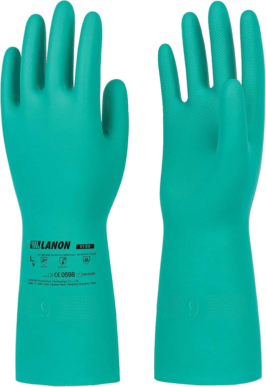 LANON 3 Pairs Nitrile Chemical Resistant Gloves, Reusable Heavy-Duty Rubber Gloves, Acid, Alkali & Oil Protection, Non-Slip, XXL