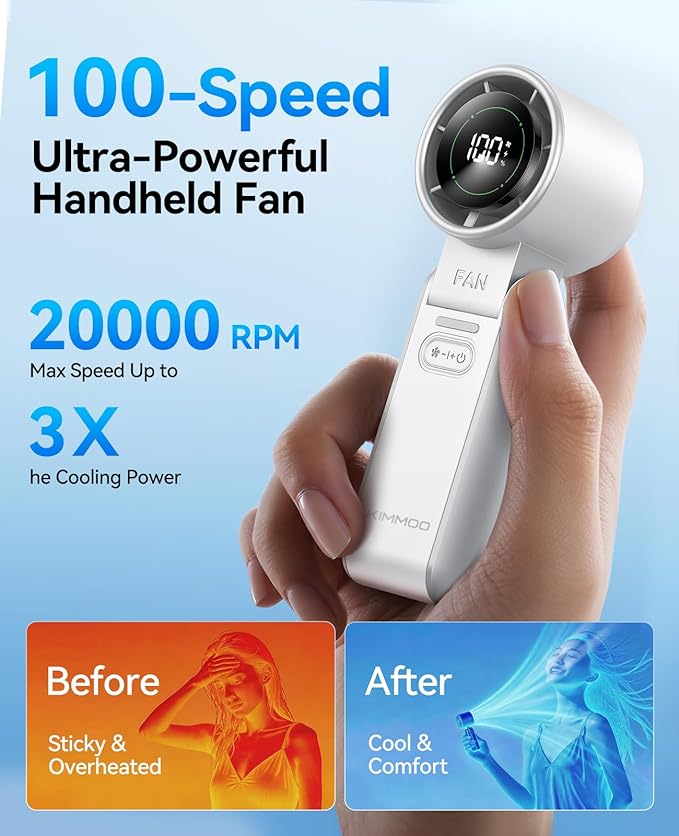 KIMMOO 2 Pack White Portable Handheld Turbo Fan-100 Speeds, Powerful 20000 RPM - Image 3