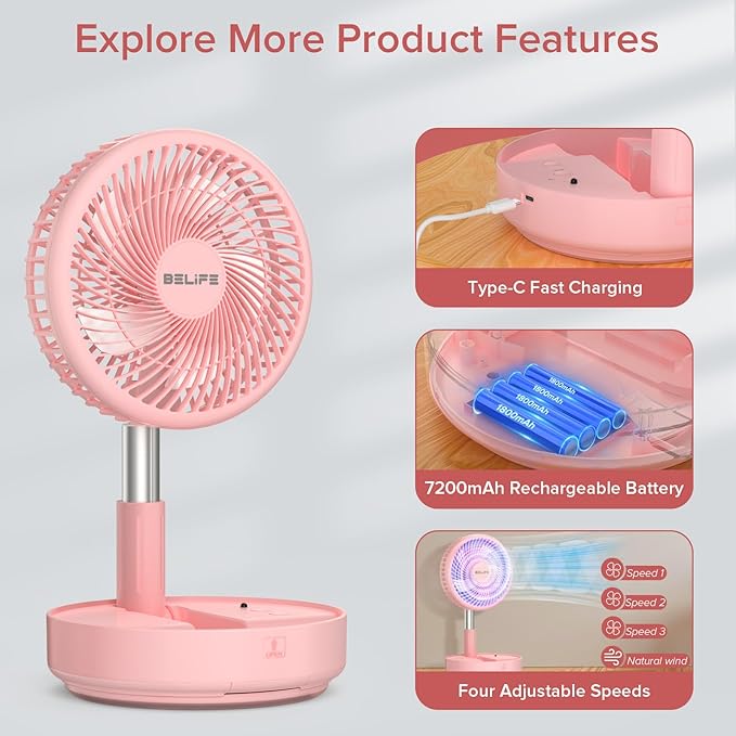 Belife X8 Portable Fan, 7200mAh Battery Powered Rechargeable, Oscillating USB - Image 3