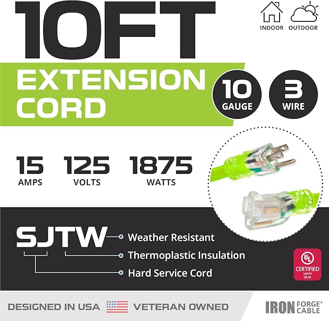 Iron Forge Cable 10 Gauge Extension Cord 10 ft, 10/3 Heavy Duty Extension Cord - Image 2