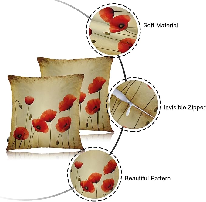 Swono Poppies Throw Pillow Cases, Grunge Poppy Flower Field Set of 2 Decorative - Image 7