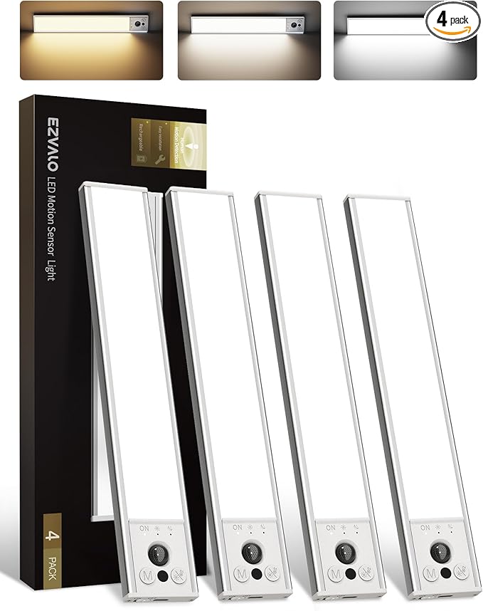 EZVALO 4-Pack Under Cabinet Lights, 2400mAh Rechargeable Motion Sensor Light by EZVALO