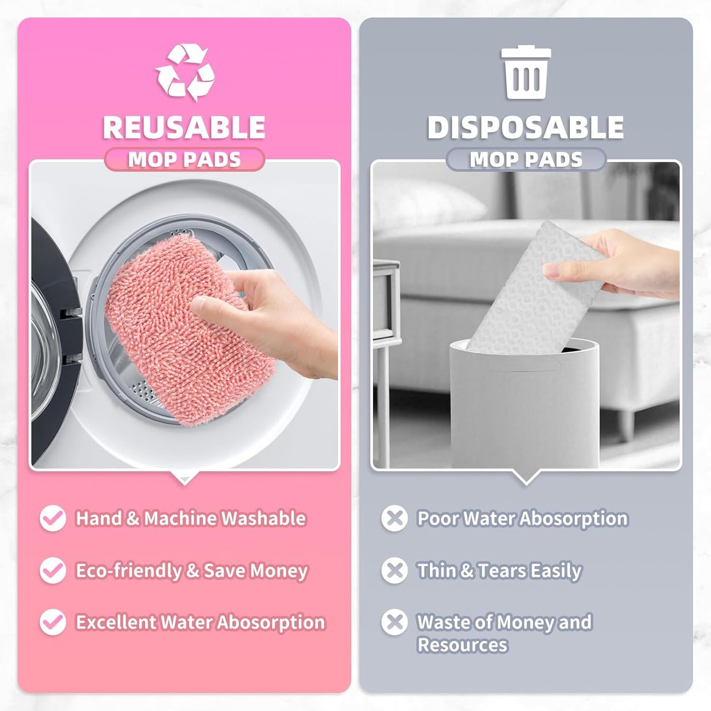 8 Pack Reusable Mop Pads Compatible with Swiffer Sweeper, Microfiber Chenille Washable Swiffer Mop Pads, Dry & Wet Sweeping Mopping Cloths (Pink)