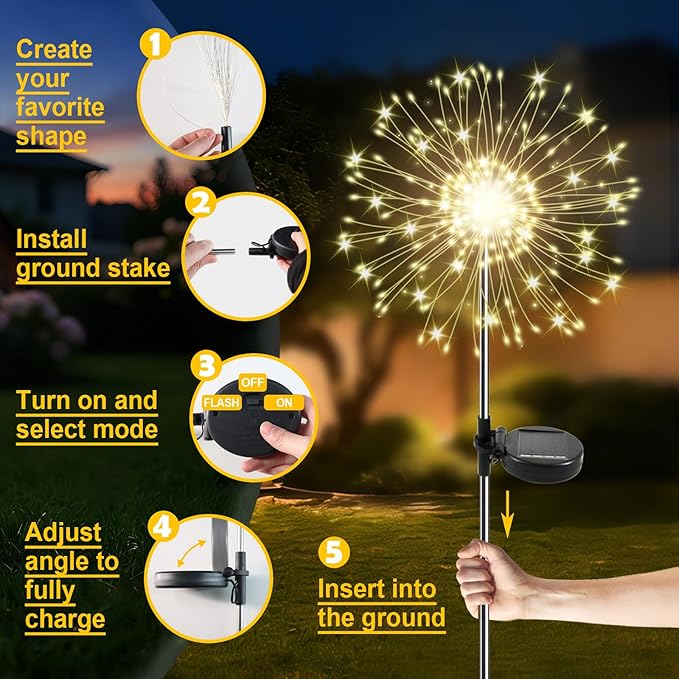 Solar Garden Lights Outdoor, 2 Pack 120 LED Twinkling Firework Lights Decorative - Image 6