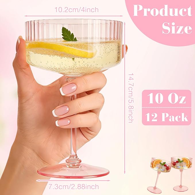 PLULON 24 Pcs Pink Champagne Martini Glasses Set 10 Oz Plastic Ribbed Coupe Cup - Image 3