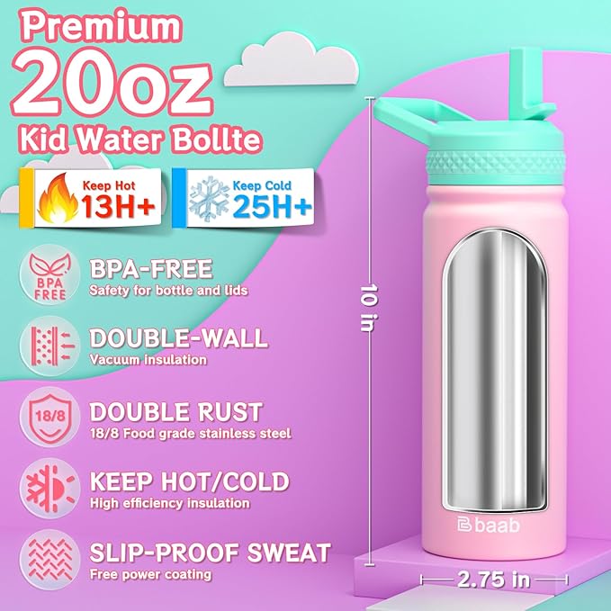 baab 20oz Kids Water Bottle, Insulated Water Bottle - Image 2