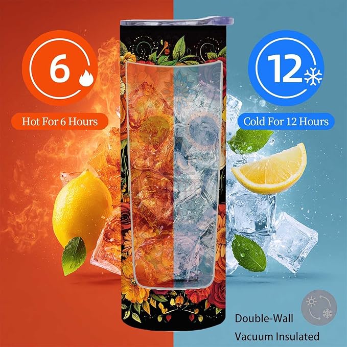 Firmiso 20 oz Tumbler｜Skinny Insulated Travel Mug｜Sugar Skull Floral Design - Image 5