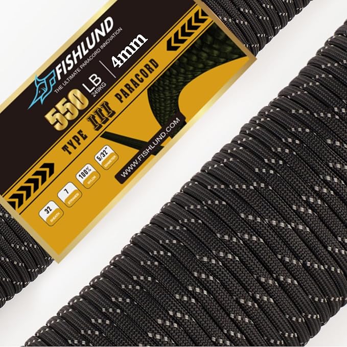 Reflective Paracord 550 lb, 7 Strand Paracord Rope 250ft 4mm, Nylon Parachute by FISHLUND