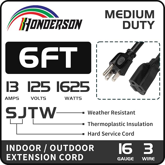 6FT Outdoor Extension Cord-16/3 SJTW Durable Black, 3 Prong Grounded Plug Power - Image 2