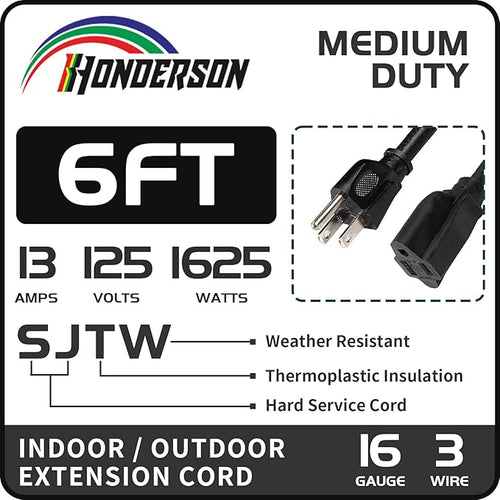 6FT Outdoor Extension Cord-16/3 SJTW Durable Black, 3 Prong Grounded Plug Power - Image 2