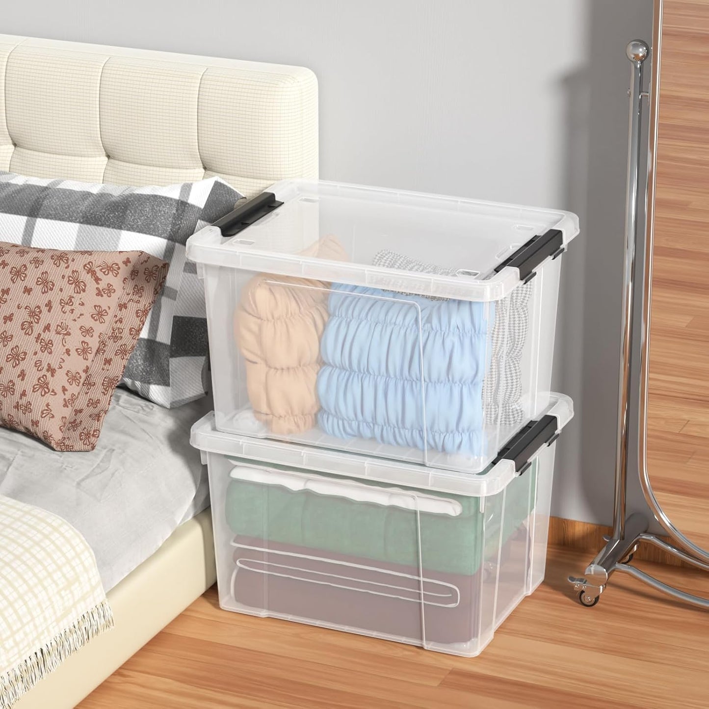 Set of 4 50 L Stackable Plastic Storage Container with Latching Lids and Wheels, Clear Home Garage Organization Bins Box, See-Through