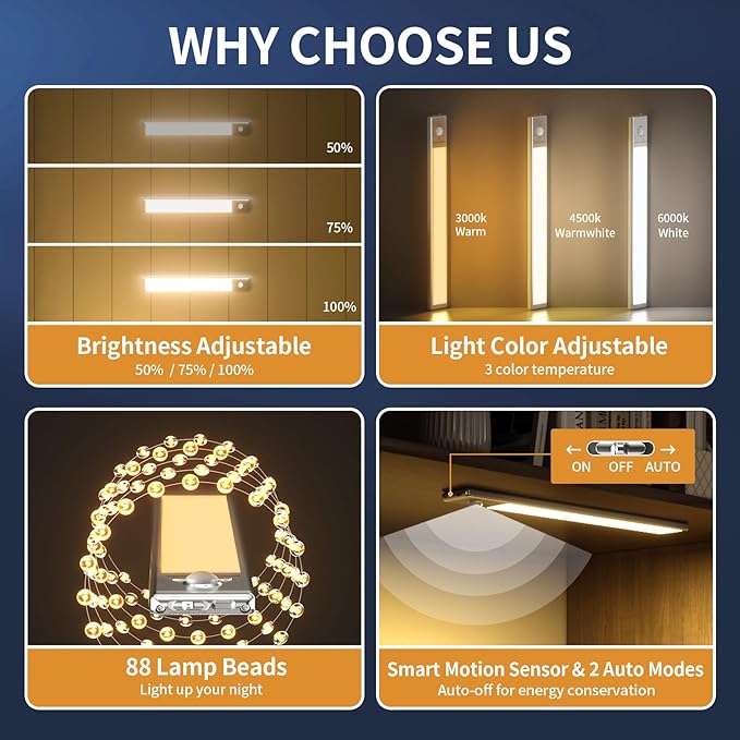 Under Cabinet Lights, 88 LED Operated Motion Sensor Light Indoor, 2200mAh USB - Image 2