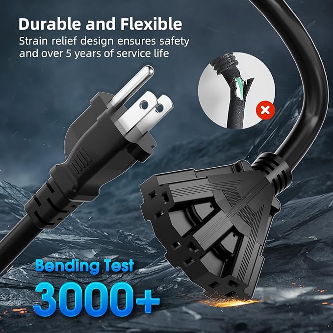 10 FT 3 Outlet Outdoor Extension Cord Waterproof, 16/3 SJTW Black Extension Cord - Image 2