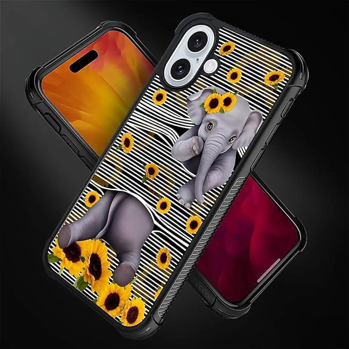 for iPhone 16 Case, Cute Little Elephant Sunflower White Line Art Pattern - Image 4