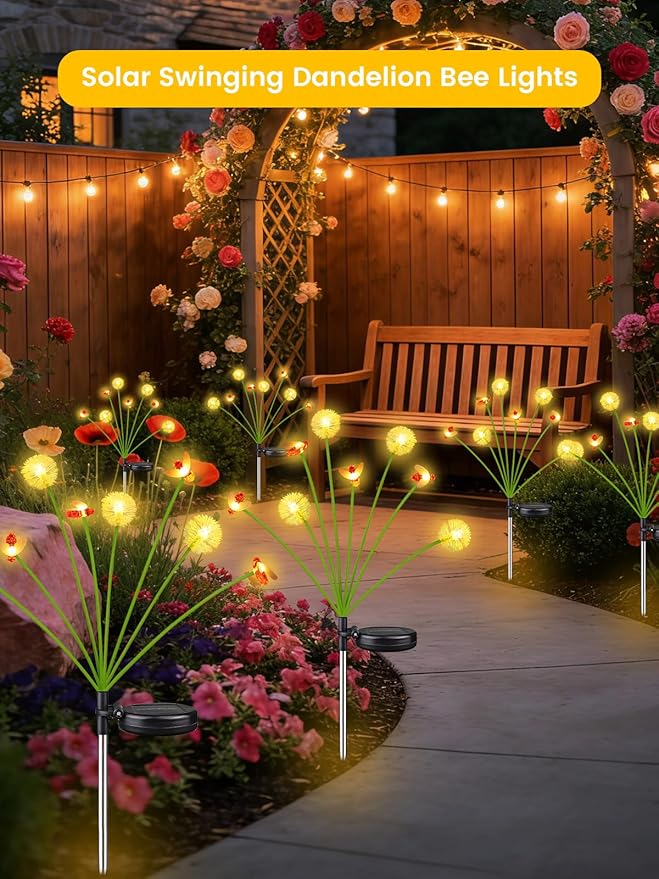 Solar Garden Lights Outdoor, 6 Pack 48 LED, Solar Swaying Dandelion Bee Lights - Image 6
