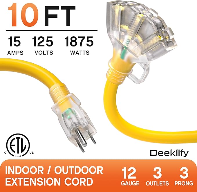 10 ft 12 Gauge Heavy Duty 3 Outlet Extension Cord Splitter - Image 2