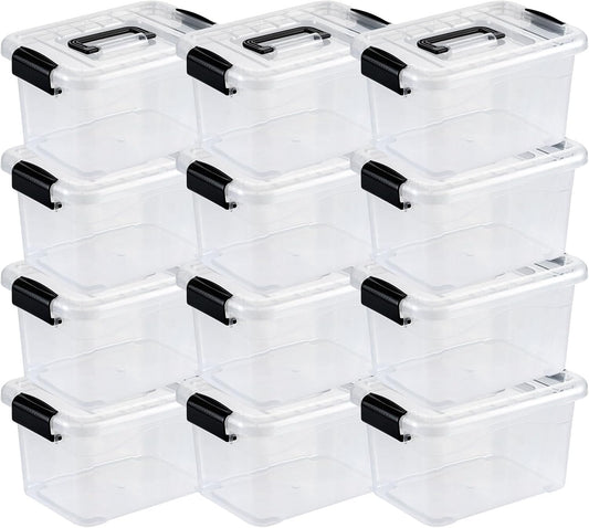 Nazhura Plastic Storage Bin, Stackable and Nestable Storage Boxes with White Lids and Secure Latching Buckles, Large Storage Container (CLEAR, 6QT 12PACK)