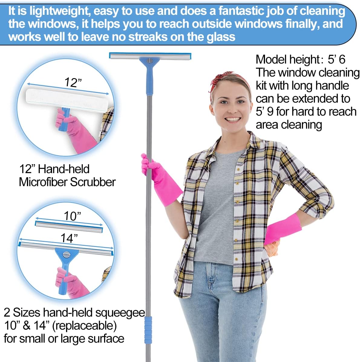 Window Squeegee Washing Kit for High Window, Shower Glass Door, Mirror Cleaning, with 69-inch Extension Pole, Extra 14'' Wide Squeegee and 2 Microfiber Scrubbers Included