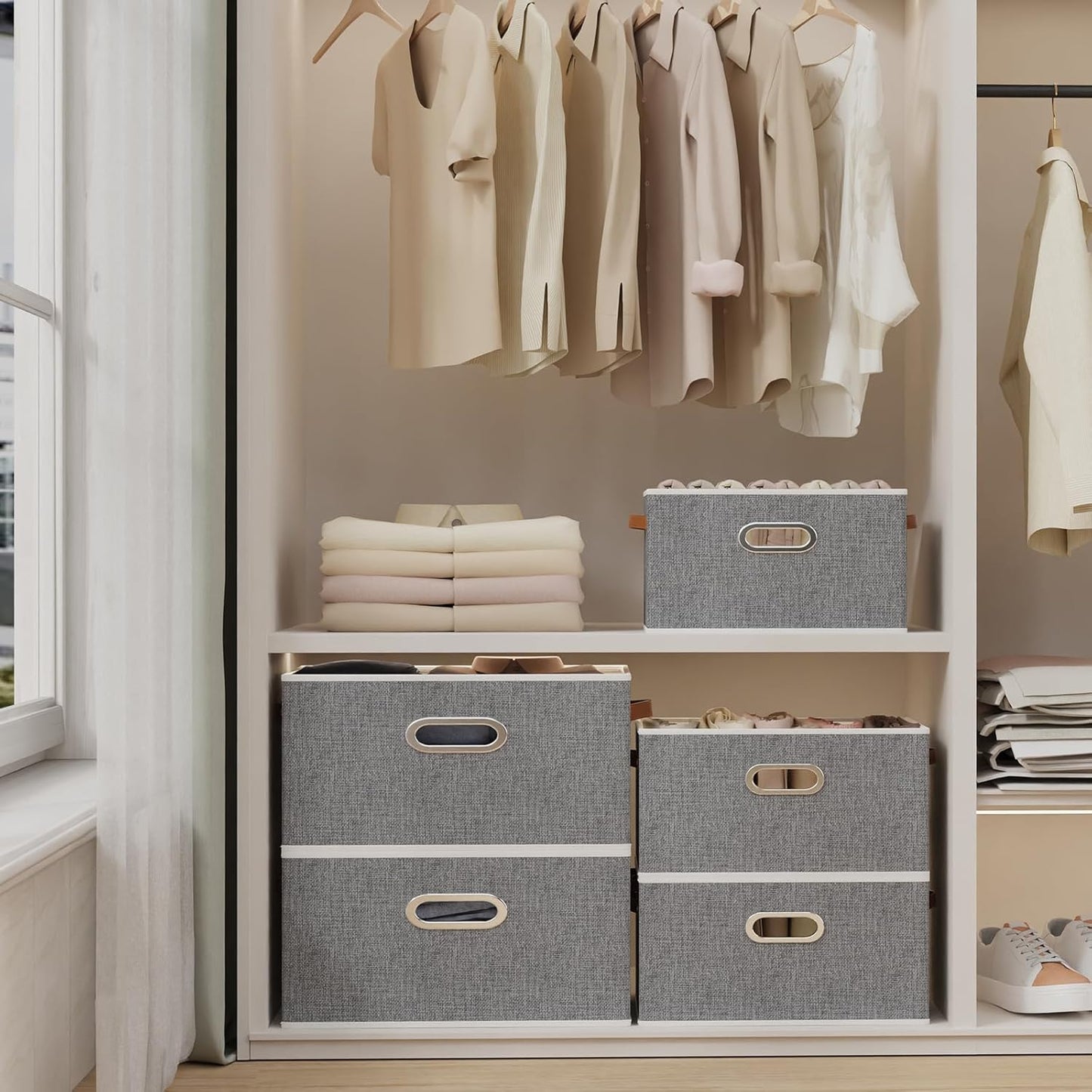 Yawinhe Fabric Storage Bins with Handles, Foldable Baskets for Shelves, Cubes with 3 Handles, Large Boxes for Clothes, Grey, 16.9''Lx11.8''Wx10.2''H, 4-Pack