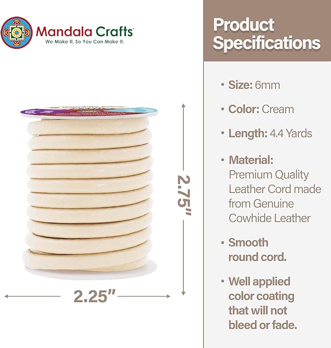 Mandala Crafts Round Genuine Cream Leather Cord - Image 4