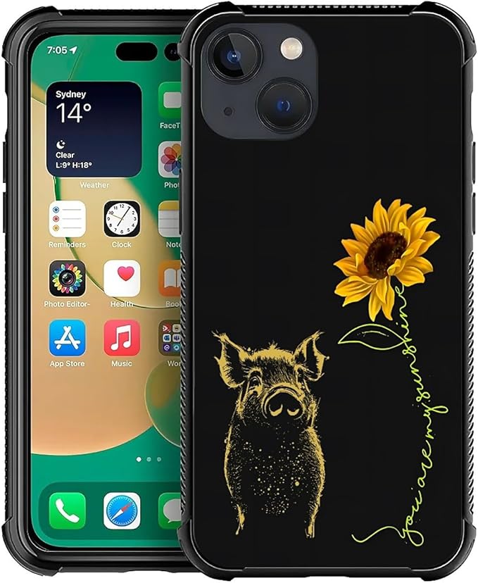 for iPhone 14 Case, Pig Sunflower Yellow Sunshine Pattern Graphic Design Girl by FKBRCL4U