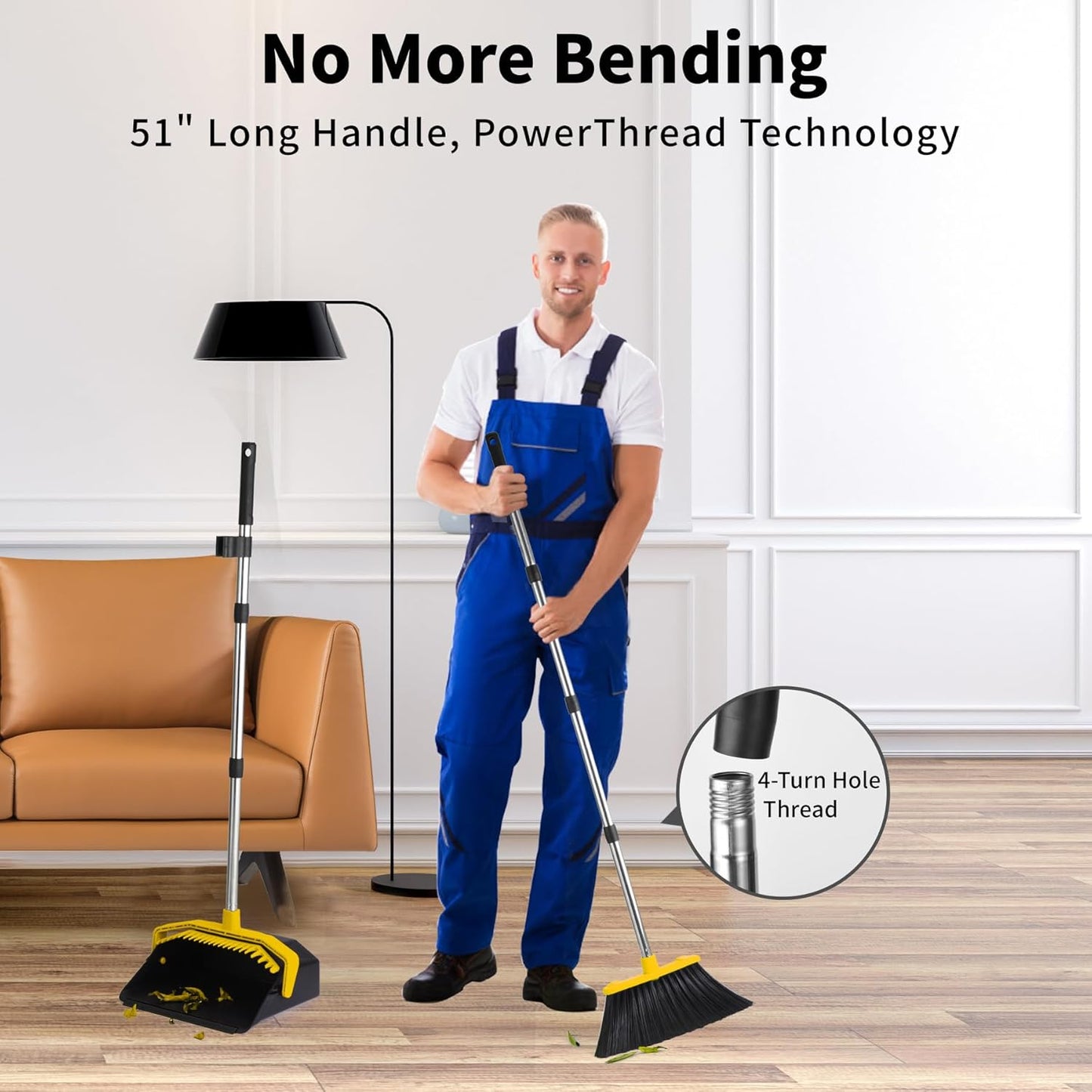 Broom with Dustpan Combo Set, Brooms and Dustpans Sets with 51'' Long Handle, Large Dust Pan and Broom, Self-Cleaning Dustpan Teeth for Lobby Kitchen Office - Black and Yellow