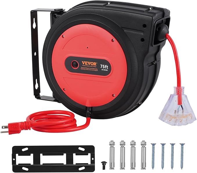 VEVOR 75FT Retractable Extension Cord Reel, 14AWG/3C SJTOW Heavy Duty Power - Image 9