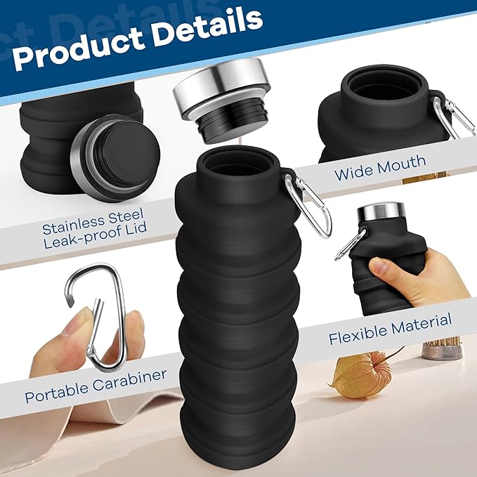 Collapsible Water Bottle, 17oz Reusable BPA Free Silicone Foldable Water Bottles - Image 6