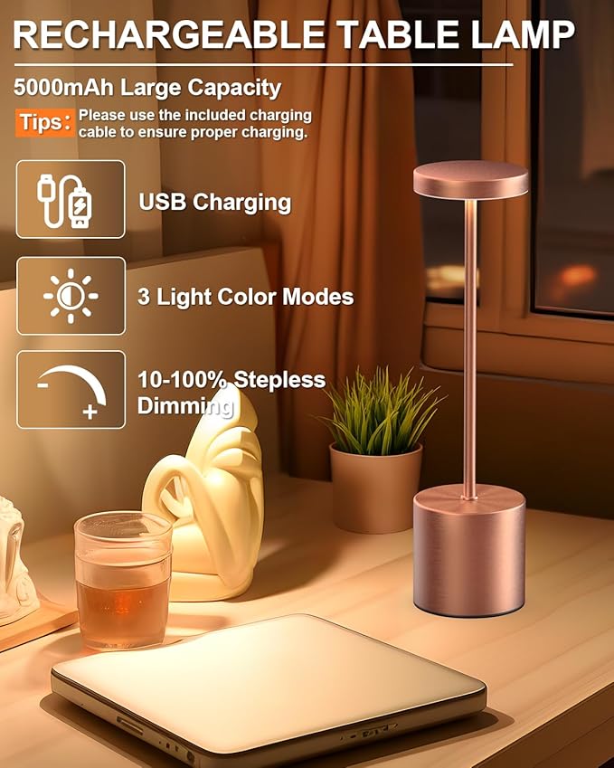 Swinerton Cordless Table Lamps Rechargeable, Portable LED Desk Lamp, 5000mAh - Image 2
