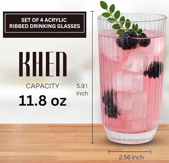 Khen Plastic Acrylic Ribbed Drinking Glasses – Set of 4 Clear 11.8oz Tritan - Image 2