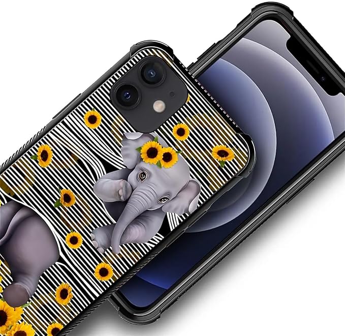 for iPhone 11 Case, Cute Little Elephant Sunflower White Line Art Pattern - Image 5