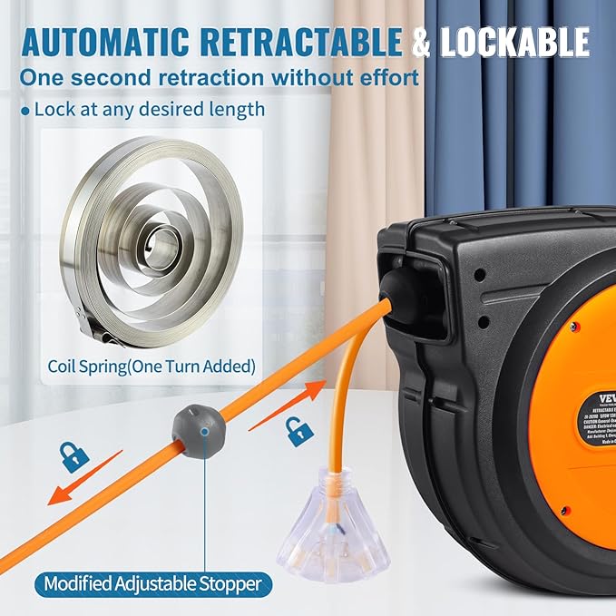 VEVOR Retractable Extension Cord Reel, 80 FT, Heavy Duty 12AWG/3C SJTOW - Image 5