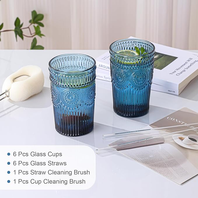 ZMOWIPDL Vintage Glassware Drinking Glasses Set of 6, 13 oz Blue Textured - Image 5