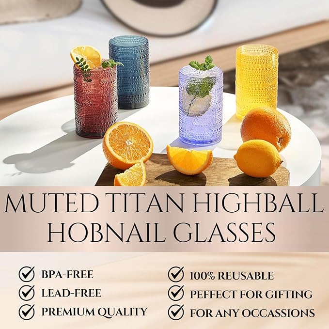 Khen Plastic Hobnail Drinking Highball Glasses Set of 6 Neutral Tones Cups 14oz - Image 2