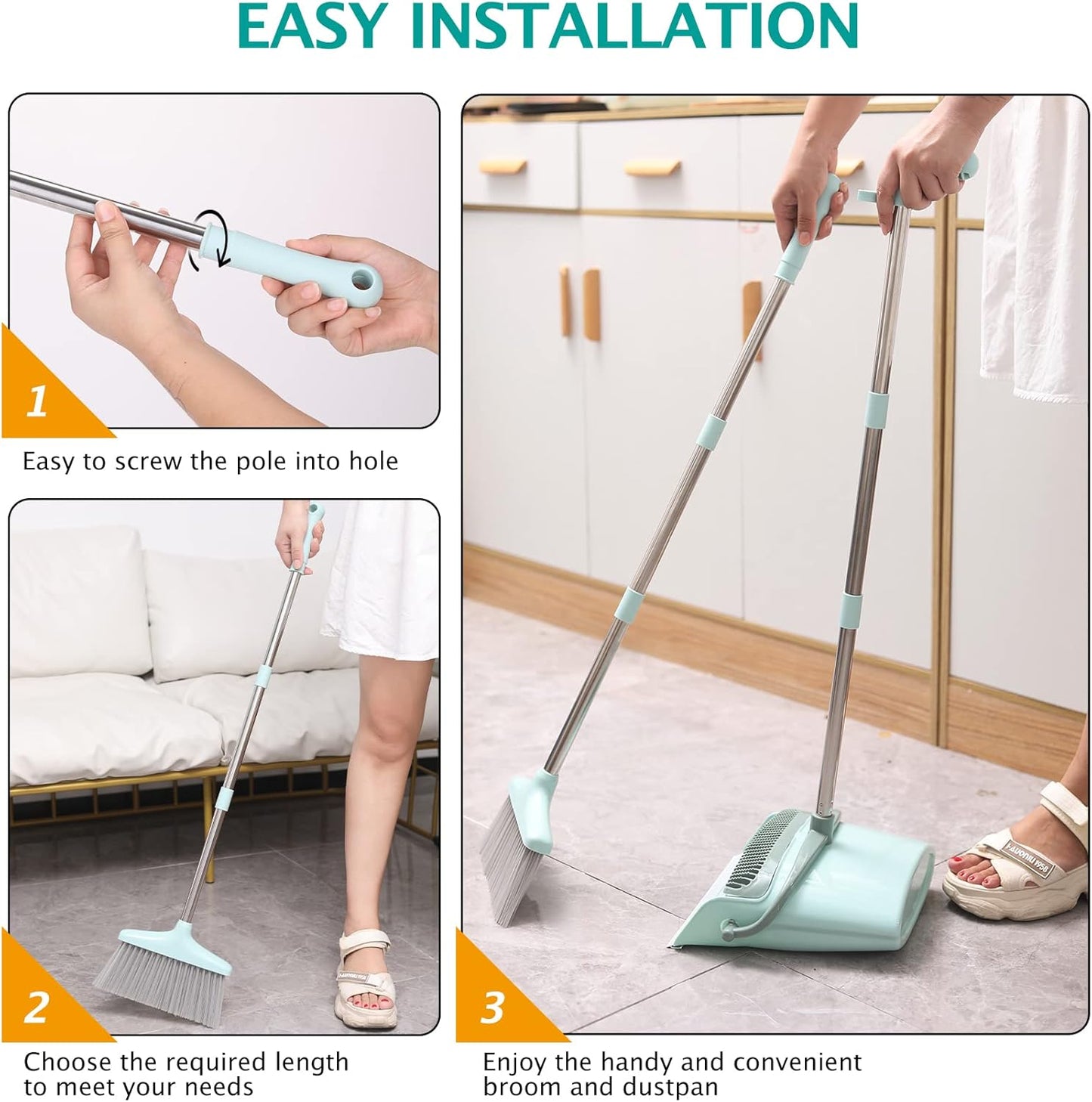 XXXFLOWER Broom and Dustpan Set with Cleaning Teeth, 55" Long Handle Indoor Sweeping Combo for Home Office Kitchen, Bluish Green